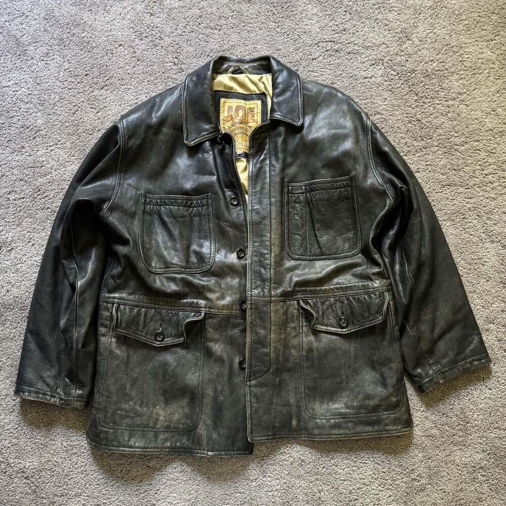Joe Joseph Abboud Vintage 70s 80s Distressed Black Leather Multi-Pocket Field Ja